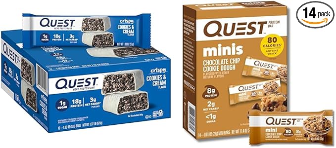 Quest Cookies &amp Cream and Chocolate Chip Cookie Dough Protein Bars 18g and 8g Protein 1g Sugar Gluten Free 12 and 14 Count