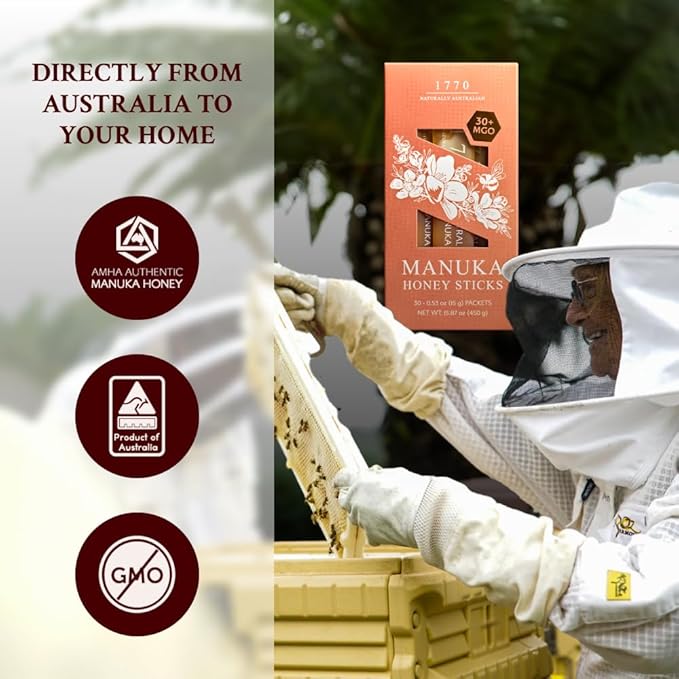 1770 Naturally Australian MGO 30+ Manuka Honey Sticks 30 x 15g Organic Honey for Tea Yogurt &amp Travel Snacks