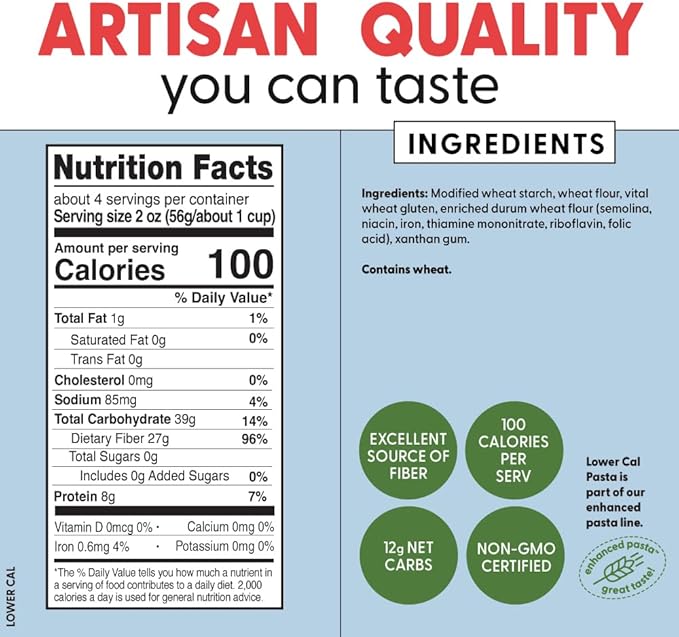 Pastabilities Lower Calorie Pasta Penne – 100 Calories/Serving Low Net Carbs Low Calorie Non-GMO High Fiber Vegan Plant-Based Enhanced Nutrients Delicious Taste &amp Texture (8 Ounce 6 Pack