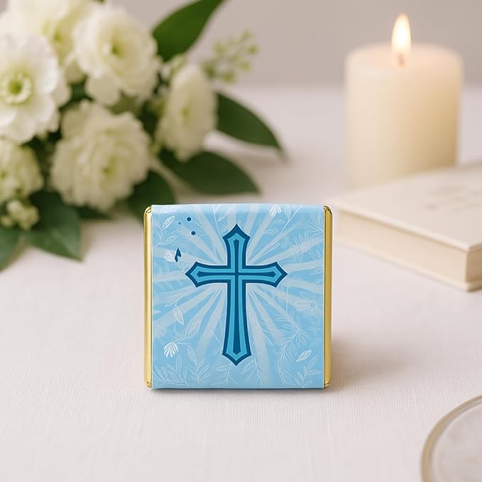 Baptism Favor Chocolates – 9 Cross Designs 7g Neapolitan Mini Bars Religious Party Favors Bulk Pack (50 pcs)