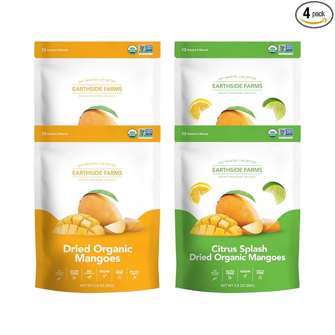 Earthside Farms - Dried Organic Mango Variety Pack Original and Citrus Splash Dried Mangoes Gluten Free No Added Sugar Non GMO Organic Vegan Snack Naturally Sweet and Flavorful (2.8oz 4 pack)