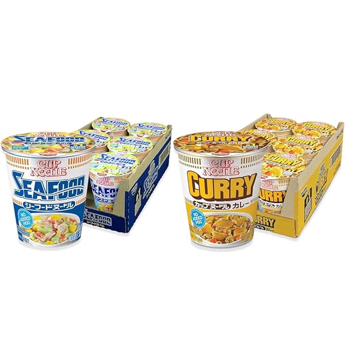 Nissin Cup Noodles Variety Pack - Seafood (2.68 oz) and Curry (2.82 oz) Ramen Noodle Soup 6 Cups Each