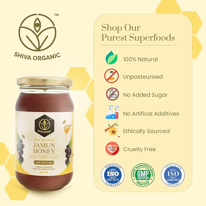 Shiva Organic's Jamun Nectar Honey - NMR Tested Natural Honey No Added Sugar Flavorful - 500g (17.63 Ounce)