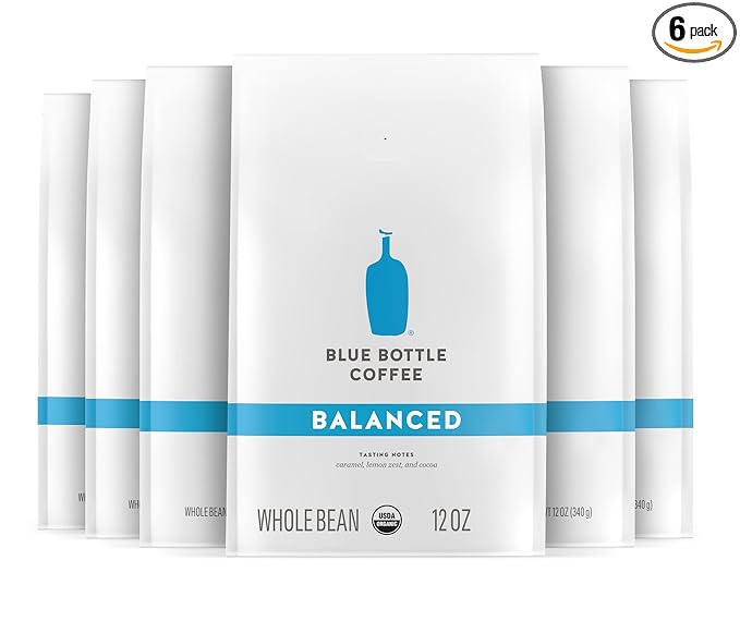 Blue Bottle Whole Bean Organic Coffee Balanced Medium Roast 12 Ounce bag (Pack of 6)
