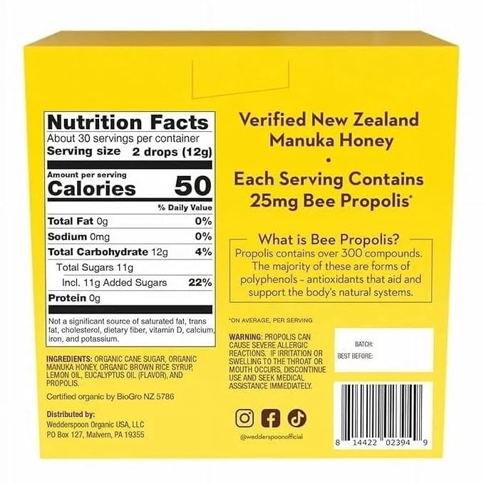 Manuka Honey Drops Lemon Flavor – 60 Count – Infused with 25mg Bee Propolis – Natural Throat Soothing &amp Immune Support – USDA Organic Non-GMO