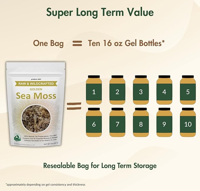 Sea Moss | Raw Wildcrafted Irish Seamoss from St. Lucia | Golden Sun-Dried | Makes 160+ oz of Sea Moss Gel | 100% Natural Vegan Non-GMO | True Mineral-Rich Superfood | 8 oz bulk package