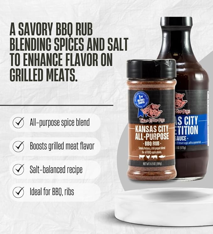 Three Little Pigs Kansas City All-Purpose BBQ Rub 6.5 oz and Competition BBQ Sauce 20.3 oz Bundle with Measuring Spoon – Rubs for Smoking Barbecue Sauce for Ribs &amp Pork – Gift Set (3 Items)