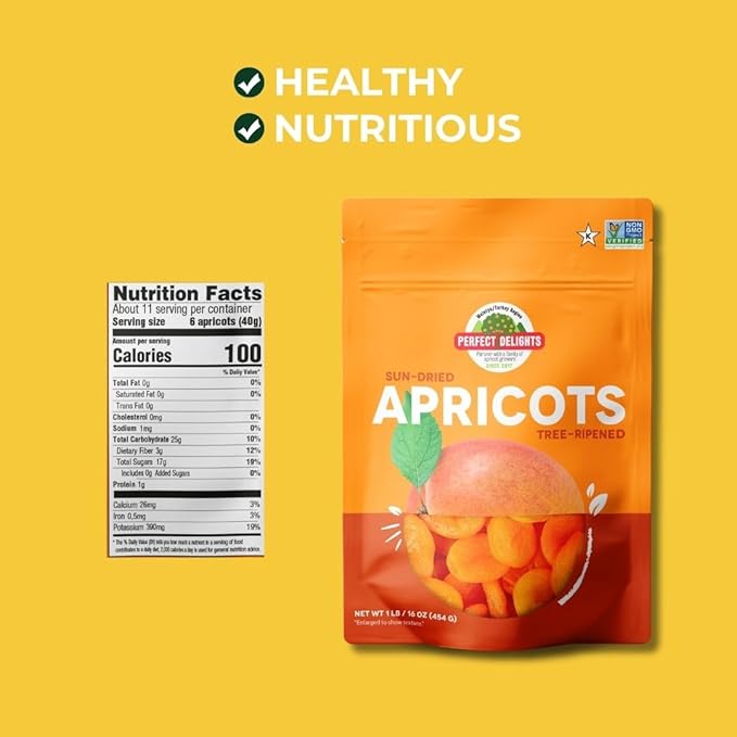 Perfect Delights Sun-Dried Turkish Apricots Vegan &amp Healthy Fruit Snack for Kids and Adults - Single Pack (16 oz)