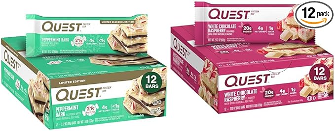Quest Nutrition Peppermint Bark Protein Bar 21g Protein 4g Net Carb 1g Sugar Gluten Free 12 Count &amp White Chocolate Raspberry Protein Bars High Protein Low Carb Gluten Free