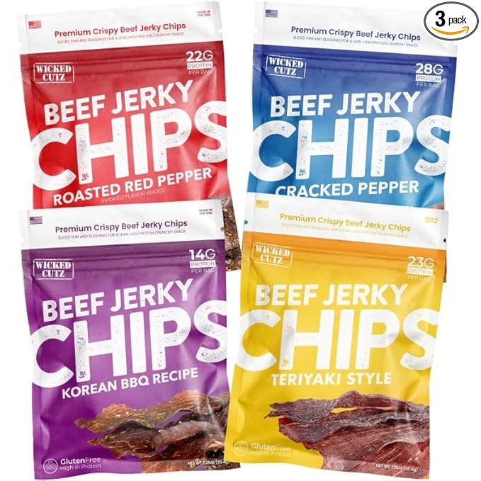 Wicked Cutz Jerky Chips Variety Pack Up to 28g Protein Per Bag Cracked Pepper Teriyaki Roasted Red Pepper &amp Korean BBQ Flavored Beef Jerky Crisps USA Made High Protein Carnivore Snacks (4 Ba