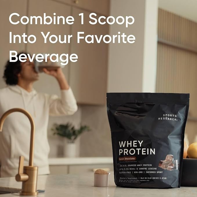 Sports Research Whey Protein Isolate - Sports Nutrition Protein Powder 25g per Serving - 2.27lb Bag Whey Protein - Dutch Chocolate Bulk Protein Powder 25 Servings
