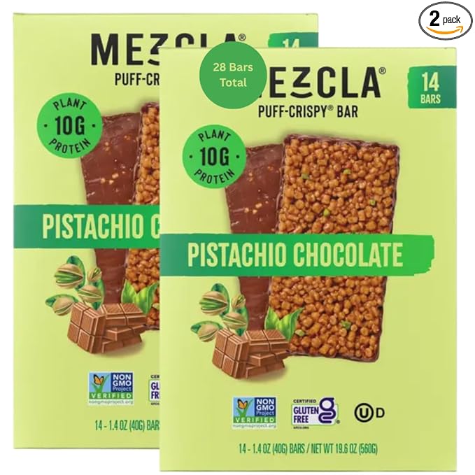 Mezcla Plant Based Protein Bars Puff-Crispy Bar Pistachio Chocolate 1.4 oz Bars Plant-Based Protein Snack Gluten Free 14 Count (Pack of 2)