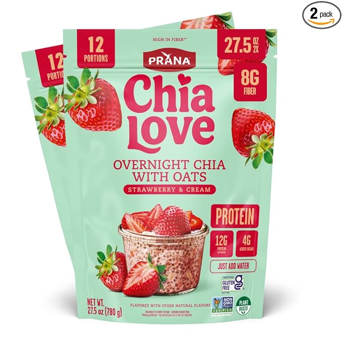 Chialove Overnight Chia with Oats Strawberry &amp Cream | 12g of protein | Low Sugar | Rich in Fiber Vegan Gluten-free Non-GMO | Ready to Eat Breakfast - 27.5 oz Bags - 2 Pack