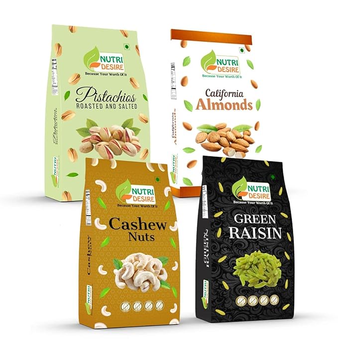 Nutri Desire Dry Fruits Combo Pack - (250g x 4) 1kg ( California Almonds Cashews Roasted salted Pistachios Green Raisins)