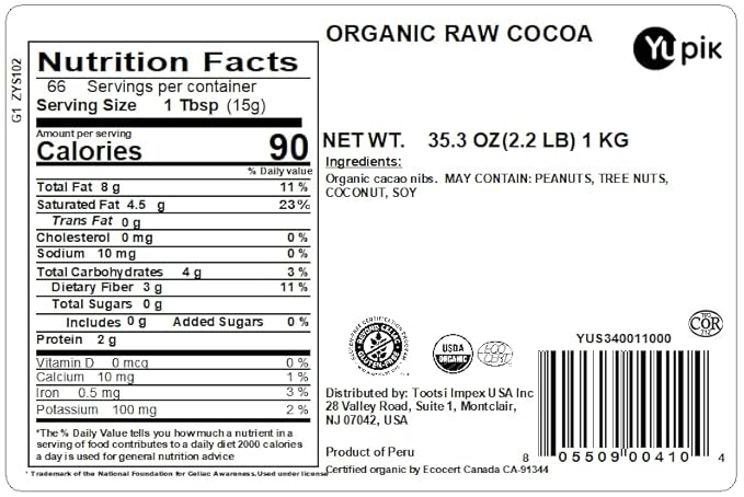 Yupik Organic Raw Cacao Nibs 2.2 lb (35.2 oz) Gluten-Free Kosher GMO-Free Vegan No Sugar Added No Additives Made from Raw Cacao Crunchy Healthy Snacks Ideal for Baking &amp Topping