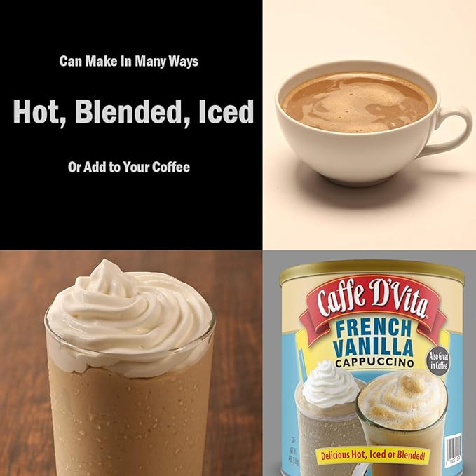Caffe D'Vita French Vanilla Cappuccino Mix - Instant Vanilla Cappuccino Coffee Mix Gluten Free No Cholesterol 99% Caffeine Free - 4 lb. Can