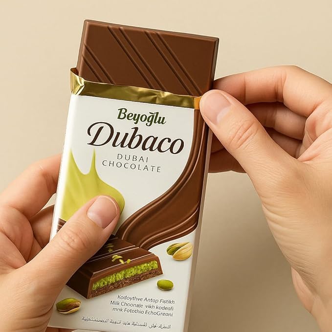 Beyoglu 200g Dubaco Pistachio Kataifi Milk Chocolate Bar – Luxury Dubai Chocolate – Ships in Cold with Peace Merchandise Thermal Bubble Mailer with Non-Melting Ice-Brix – Gourmet Snack Made in Turkiye