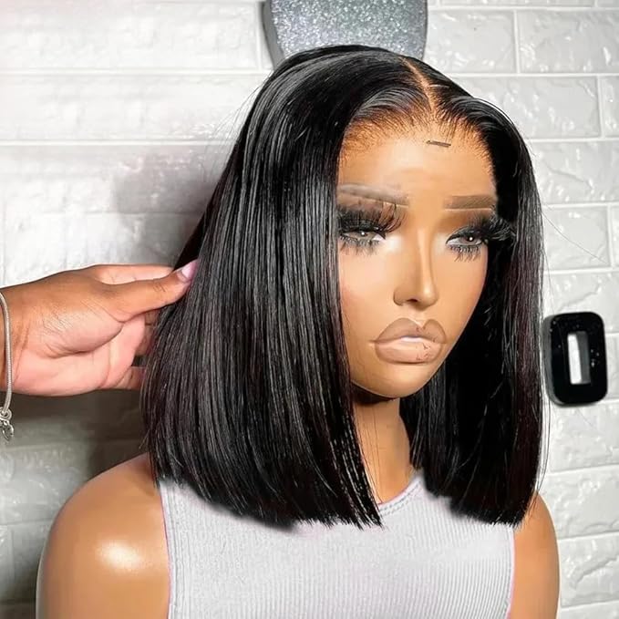 Bob Wig Human Hair 13x4 Short Straight Bob Lace Frontal Wigs for Black Women Human Hair Pre Plucked Glueless 180% Density Black Color 10 Inch