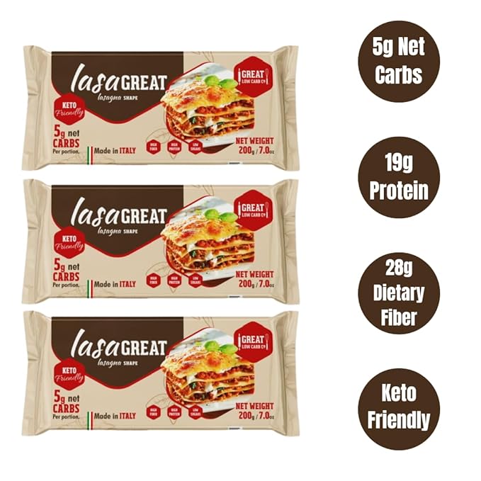 Great Low Carb Co. Keto-Friendly Italian Pasta Set 0-5g Net Carbs High Protein High Fiber Low Carb Low Calories Made in Italy (3 Pack Lasagna 7oz box)