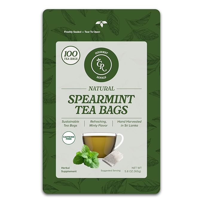 Gourmet Royale Spearmint Tea 100 Count Sustainable Tea Bags Caffeine &amp Sugar Free Resealable Pouch Refreshing &amp Natural Grown in Sri Lanka (Pack of 1)