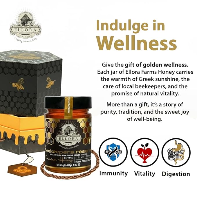 Ellora Farms Single Estate PDO Raw Greek Honey Pine &amp Thyme Raw Honey Unfiltered Beautiful Gift Pack with Dipper Beekeepers Reserve Pure Raw &amp Unfiltered Cold-Pressed Gluten Free - 450 g