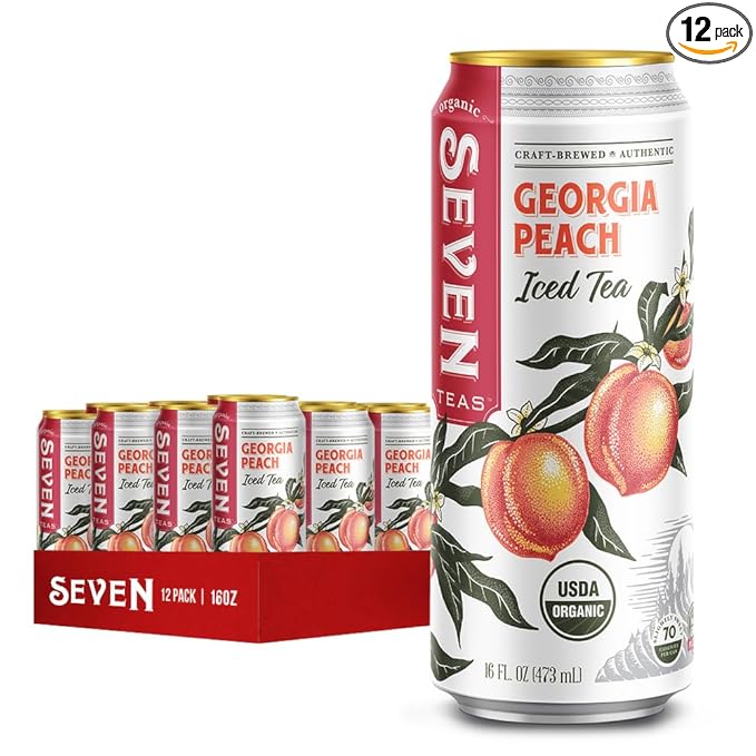 SevenTeas Georgia Peach Iced Tea 16 OZ (Pack of 12 Cans) Lightly Sweetened Organic Iced Tea