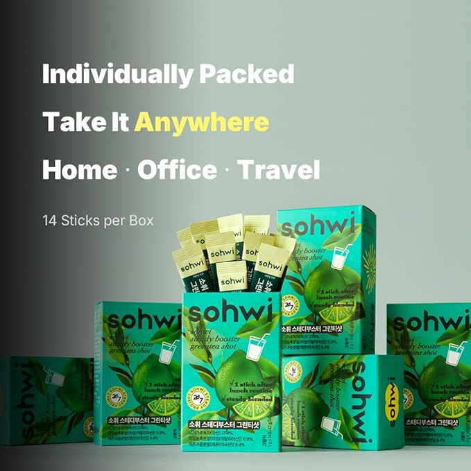 Sohwi Green Tea Shot – Decaffeinated Matcha-Inspired Drink Mix for After Meals Zero Sugar Plant-Based Formula Non-GMO 14 Sticks