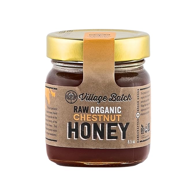 Village Batch Raw Organic Chestnut Honey 8.5oz Jar (Pack of 1) Bold and Earthy Greek.Honey Unfiltered Unpasteurized Rich Flavor Organic Raw-Honey with Mahogany Notes and Mellow Sweetness