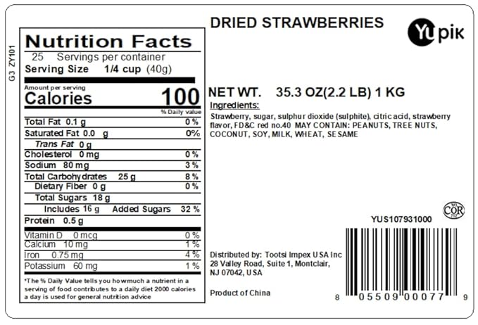 Yupik Dried Strawberries 2.2 lb (35.2 oz) Vegan Kosher Sweetened Dried Fruits Candied Whole Strawberries Chewy &amp Tender Sweet Snacks Fruity Topping &amp Inclusion Ideal for Baking