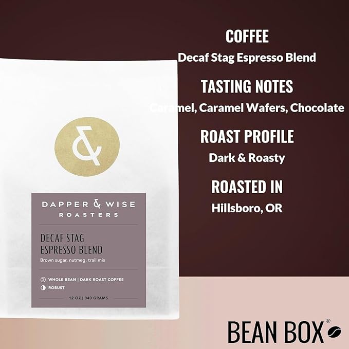 Decaf Stag Espresso Blend - Roasted by Dapper &amp Wise - Whole Bean Coffee - 12 Ounce Bag