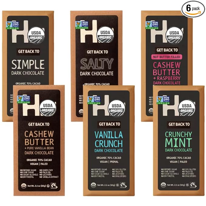 Dark Chocolate Bar Variety Pack 6 Flavors 2.1 Oz Bars - Healthy Snack Vegan Paleo Gluten-Free -No Dairy No Refined Sugar 6 Pack