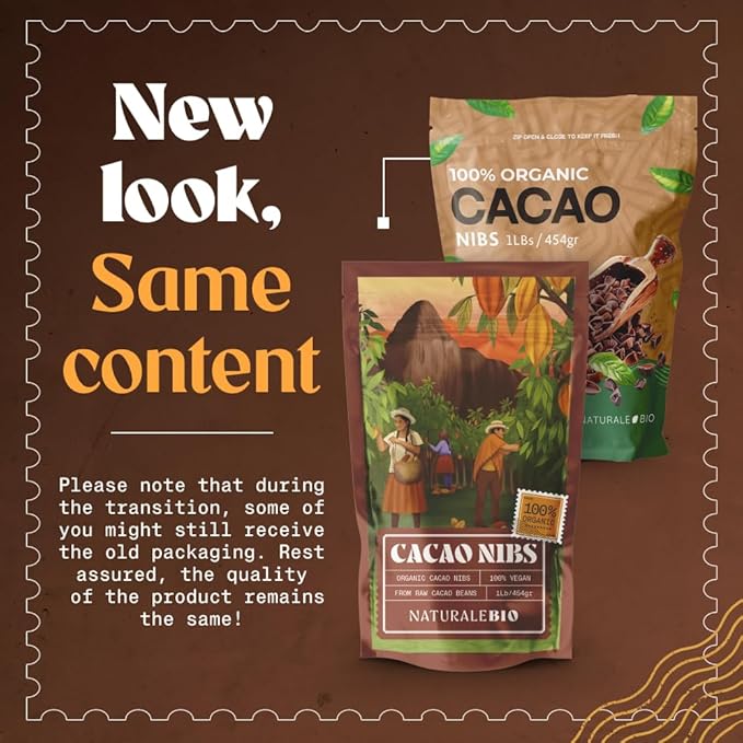 NaturaleBio Cacao Nibs Organic 2 lb. Unsweetened Non-Alkalized and Pure. Sugar-Free Dark Chocolate Chips Substitute. Non-GMO Gluten Free Tested for Heavy Metals. From Raw Cacao Beans