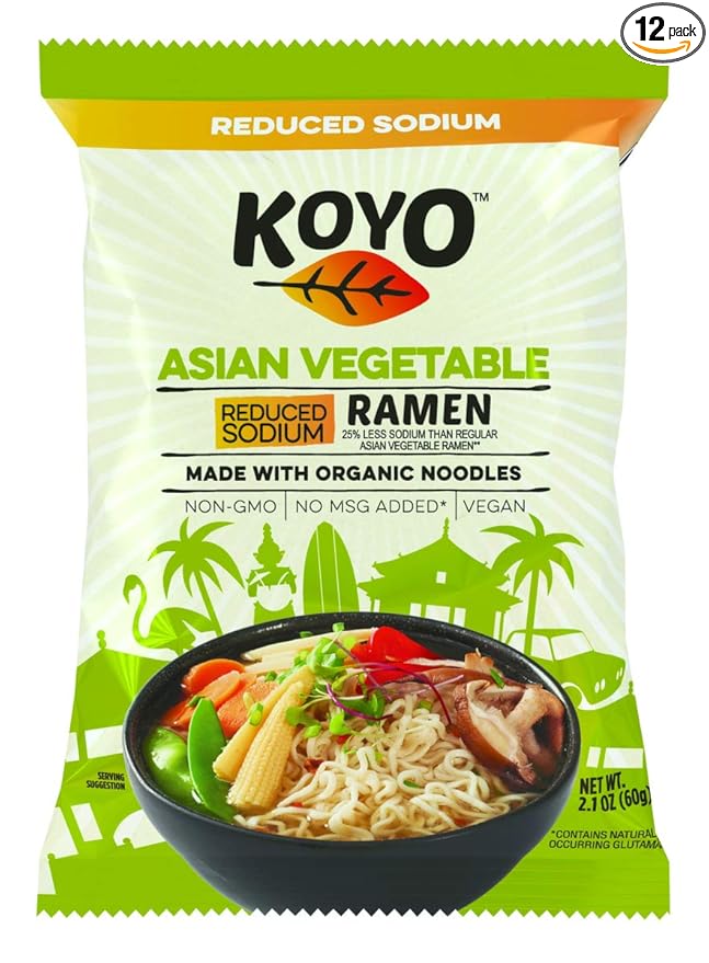 Koyo Ramen Soup Asian Vegetable Reduced Sodium Made With Organic Noodles No MSG No Preservatives Vegan 2.1 Ounce Per Package (12 Pack)