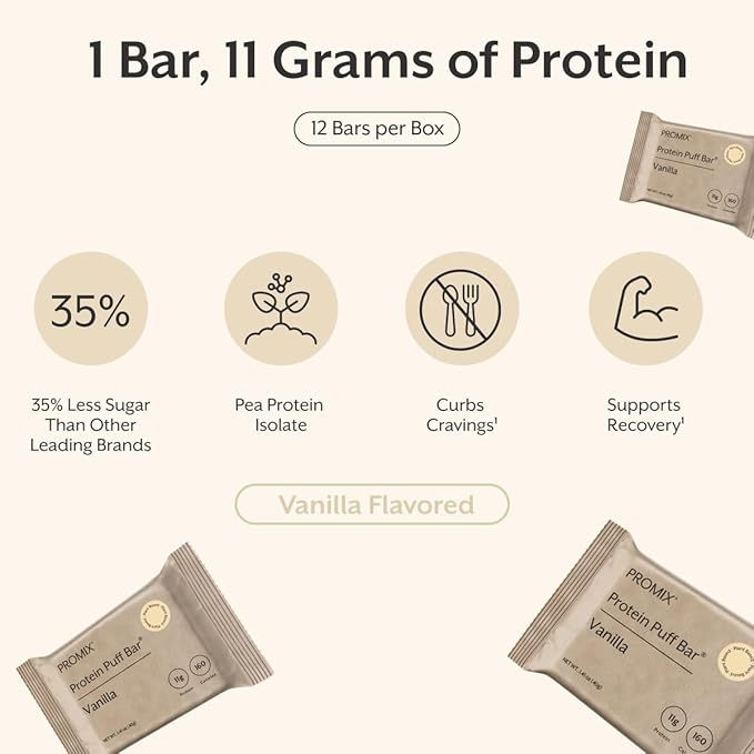 ProMix Nutrition Protein Plant Based Puff Bars - French Vanilla - Marshmallow Crispy Treat - High Protein &amp Low Calorie - 12 Bars