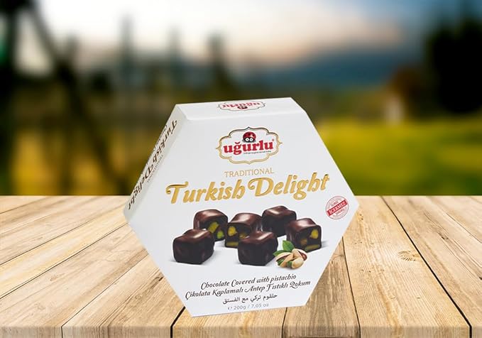 Ugurlu Traditional Turkish Delight Chocolate Covered with Pistachio Gift Pack 200g/7.05oz Full Size