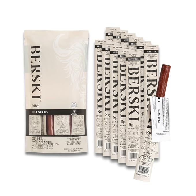 BERSKI Bundle Salted + Salt &amp Pepper Beef Sticks – 100% Grass-Fed Grass-Finished – Ancestral Blend with Liver &amp Heart – Keto Paleo – Regeneratively Raised USA Beef – 2 Pack (1oz Sticks)