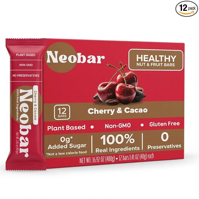 NEOBAR Fruit and Nut Bars - Plant-Based Vegan Snack Bars Gluten Free Dairy Free Snacks No Added Sugar No Preservatives Non-GMO | Cherry &amp Cacao12 Count