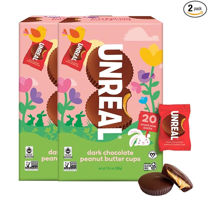 UNREAL Dark Chocolate Easter Peanut Butter Cups | 5g Sugar | Certified Vegan Gluten Free Fair Trade Non-GMO | No Sugar Alcohols or Soy | Easter Gift Box 10.6oz (Pack of 2)