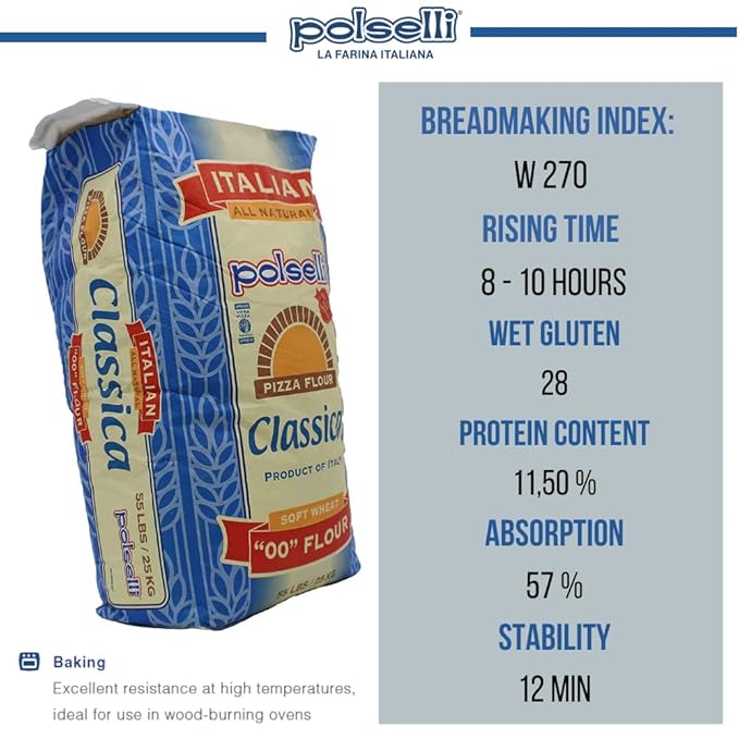POLSELLI Classica Tipo 00 Double Zero Flour for Pizza Bread Pastas and more All Natural European Unbleached Unbromated No Additives Formulated for a 8+ hour rise (25 kg) 55 lbs