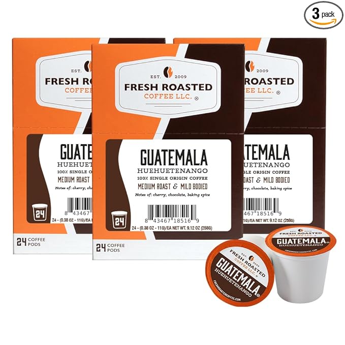 Fresh Roasted Coffee Guatemala Huehuetenango Medium Roast 72 Pods for K Cup Brewers