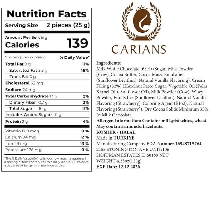 CARIANS Valentine's Day Belgian Chocolate Gift Box of Love Luxury Milk Chocolates with Strawberry and Hazelnut Cream Elegant Valentine’s Day Gift for Her and Great Present for Lovers 12 pc