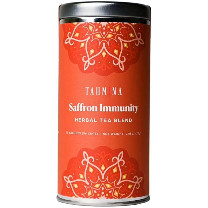 Tahmina Saffron Immunity Caffeine Free Tea: Calming Turmeric and Ginger with Saffron 12 Biodegradable Pyramid Tea Bags Makes 36 Cups of Tea (1 Pack)
