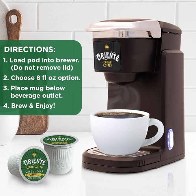 Oriente Sweetened Espresso with Cinnamon Coffee Pods 50 ct Dark Roast Flavored Cuban Inspired Coffee in Single Serve Pods - 100% Arabica Beans Compatible with Keurig K Cups Maker