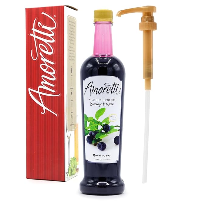 Amoretti - Wild Huckleberry Beverage Infusion 94 Servings Per Bottle (750 ml) - Drink Mix &amp Water Enhancer with Pump for Flavoring Cocktails Waters Teas and other Beverages Preservative Free