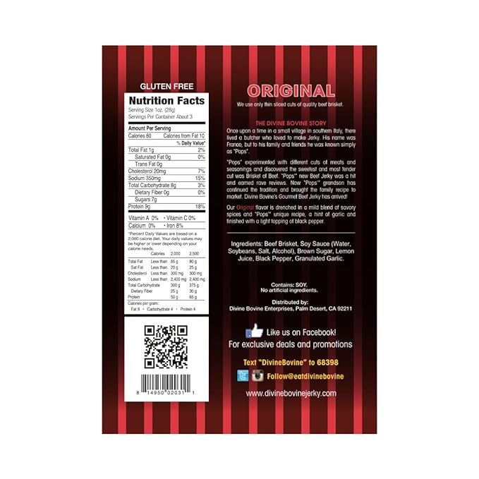 Divine Bovine Gourmet Jerky - Original Flavor 4 Pack (3.25 oz Bags) Premium Steer Brisket All-Natural No Artificial Preservatives Protein Snack