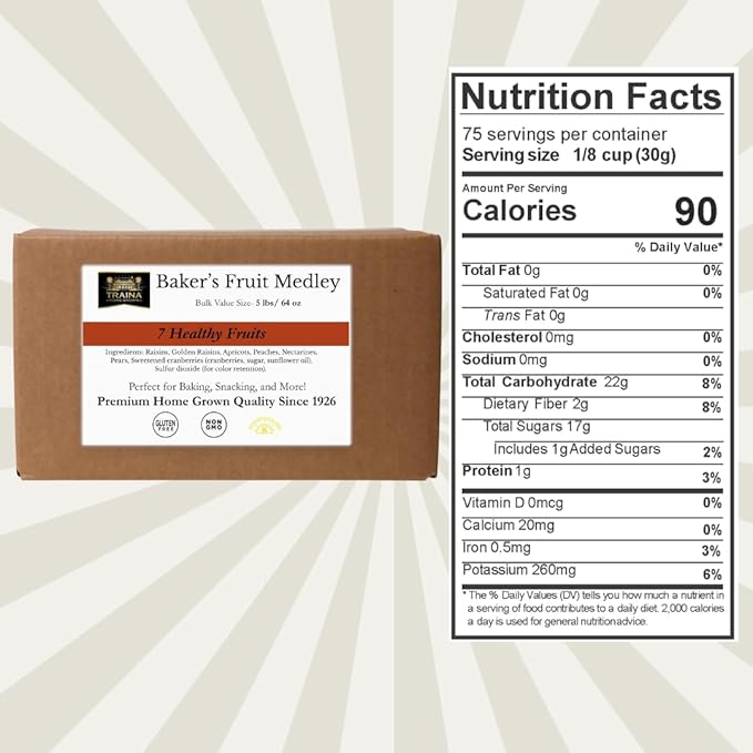 Traina Home Grown Baker’s Dried Fruit Medley - Raisins Apricots Peaches Nectarines Pears Sweetend Cranberries - Bulk 5 lb Case Non-GMO Gluten-Free- Dried Fruit for Bakeries Restaurants &amp F