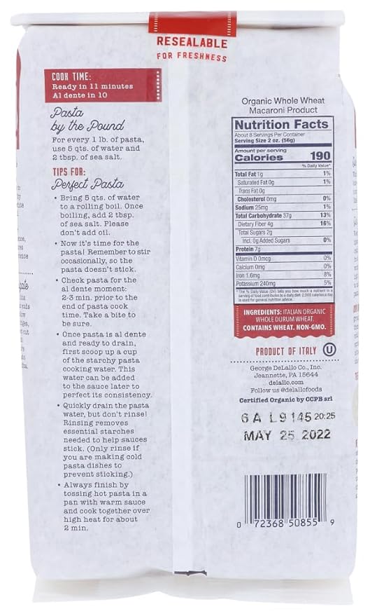 Delallo Penne Rigate Whole Wheat Pasta 1 LB (Pack of 16)
