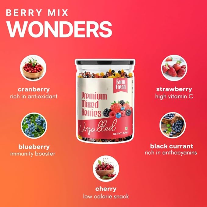 Generic Premium Mixed Berries Unsalted (Dried Blueberry Cranberry Black Currant Strawberry Cherry) - 400 gm