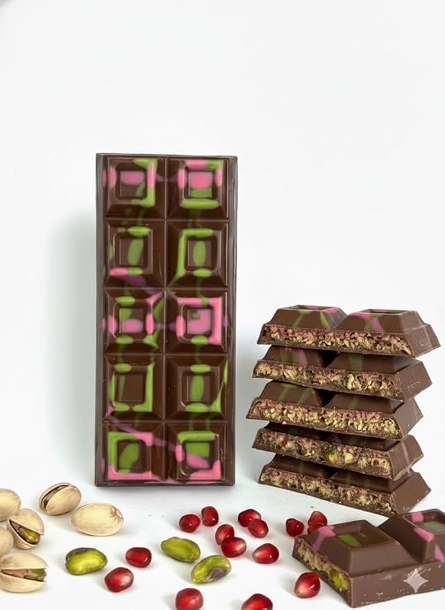 Crush Dubai Pistachio Pomegranate Chocolate Bar – 7 oz Luxury Gift Filled with Toasted Katafi Pomegranate Cream &amp Tahini Inspired by the Classic Knafeh Dessert