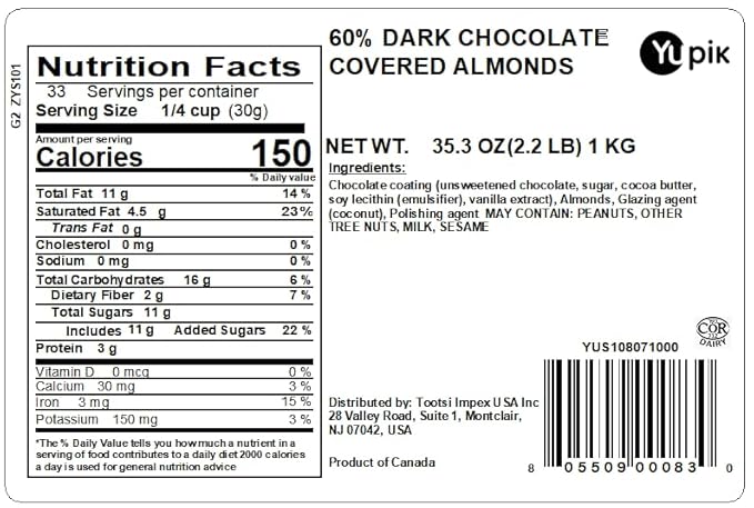 Yupik 60% Dark Chocolate Covered Almonds 2.2 lb (35.2 oz) Pack of 6 Kosher Whole Nuts Almonds Dipped in Chocolate Crunchy &amp Smooth Dark Chocolate Candy Classic Sweet Snacks
